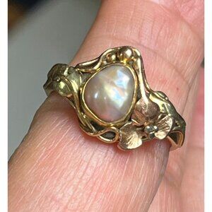 Womans 7.25 14K Tri-Color Gold Ring w/ Freshwater Pearl, Leaf Pattern 5.79g